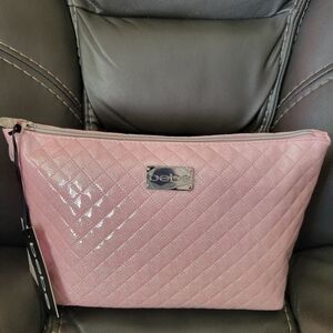 Bebe Pink Quilted Sparkly Silver Cosmetic Bag W/ 2 Bottles